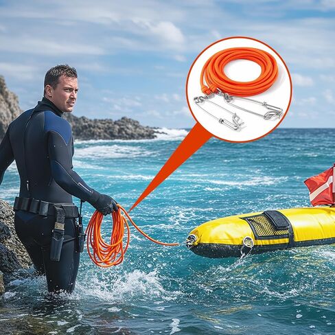 Boao Spearfishing Float Line 1/4" Foam‑Filled Braided Polypropylene Float Spearfishing Rope Tow Line with 5.9" Stainless Clips,Orange in Kuwait