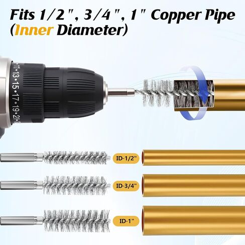 Copper Pipe Cleaner for Drill Set Includes External Stainless Steel Wire Bore Brushes, Internal Tube Cleaning Brushes, Replacement Plumbing Tools (1/2", 3/4", 1",Blue) in Kuwait