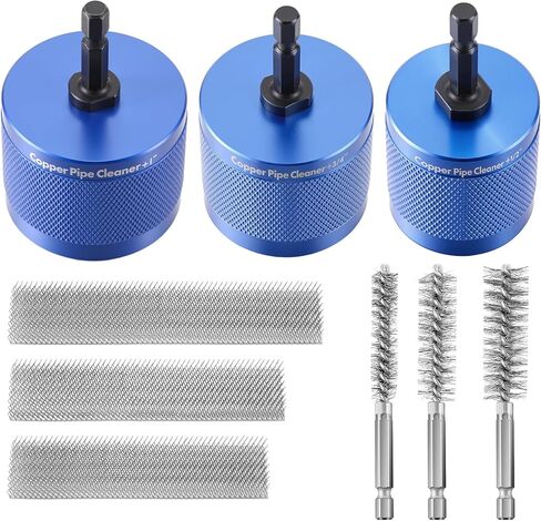 Copper Pipe Cleaner for Drill Set Includes External Stainless Steel Wire Bore Brushes, Internal Tube Cleaning Brushes, Replacement Plumbing Tools (1/2", 3/4", 1",Blue) in Kuwait