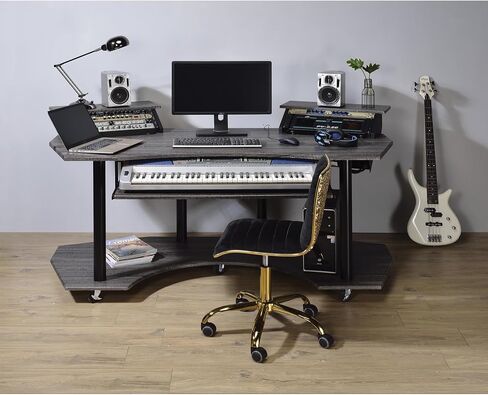 roomfitters Eleazar 71-Inch Black Oak Music Recording Desk, Professional 61-Key Audio Production Workstation, Mobile Studio Console with Dual Monitor Stands in Kuwait