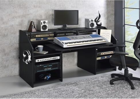roomfitters Annette Black Music Desk, High Capacity Rectangular Audio Workstation, 70-Inch Upper Monitor Dashboard Shelf with Earphone Rack in Kuwait