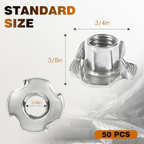 1/4"-20 T-Nuts 304 من الفولاذ المقاوم للصدأ، 4 شوكات على شكل تي 3/8" طول البرميل، إدراج خشب T-Nut للخشب، حوامل تسلق الصخور، الأثاث، الخزانة، 50 قطعة in Saudi Arabia