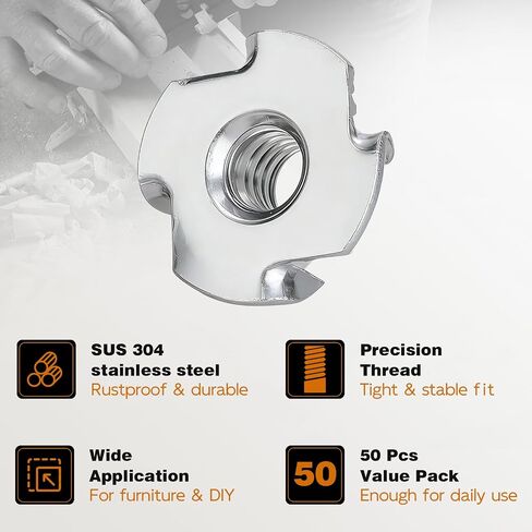 1/4"-20 T-Nuts 304 من الفولاذ المقاوم للصدأ، 4 شوكات على شكل تي 3/8" طول البرميل، إدراج خشب T-Nut للخشب، حوامل تسلق الصخور، الأثاث، الخزانة، 50 قطعة in Saudi Arabia