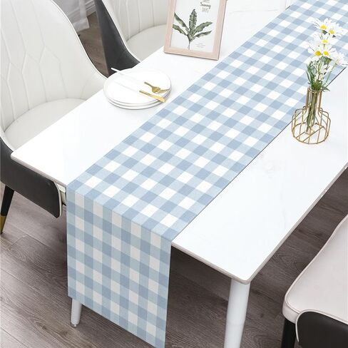 Dusty Blue Gingham Table Runner Blue Checkered Boy Girl Baby Shower Birthday Party Decoration Home Dining Kitchen Island Decor (13" x 72") in Kuwait