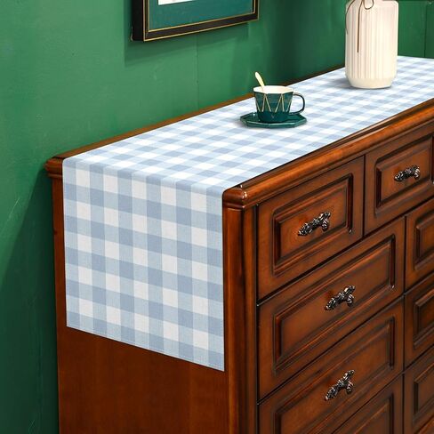 Dusty Blue Gingham Table Runner Blue Checkered Boy Girl Baby Shower Birthday Party Decoration Home Dining Kitchen Island Decor (13" x 72") in Kuwait