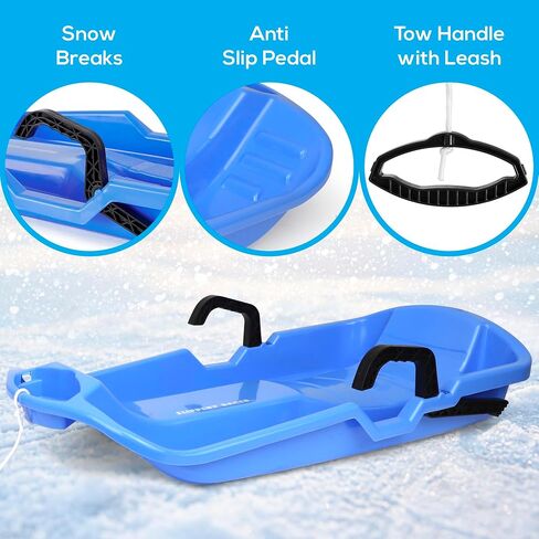 Slippery Racer Downhill Thunder Flexible Plastic Toboggan Snow Sled with Built in Brake System, Pull Rope, and Handle Grips, Blue in Kuwait