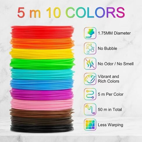 PLA Filament Refills for 3D Pen, 1.75mm 10 Color Pack 5M Each, Total 164FT, Smooth No Bubble Low Smell Filament for Art Craft Modeling in Kuwait