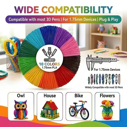 3D Pen Filament Refills PLA 1.75mm, 10 Colors x 5M Each, Total 164FT, Low Odor No Bubble Filament for 3D Printing Pen, Smooth Drawing Craft Supplies in Kuwait