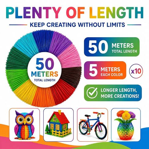 3D Pen Filament Refills PLA 1.75mm, 10 Colors x 5M Each, Total 164FT, Low Odor No Bubble Filament for 3D Printing Pen, Smooth Drawing Craft Supplies in Kuwait