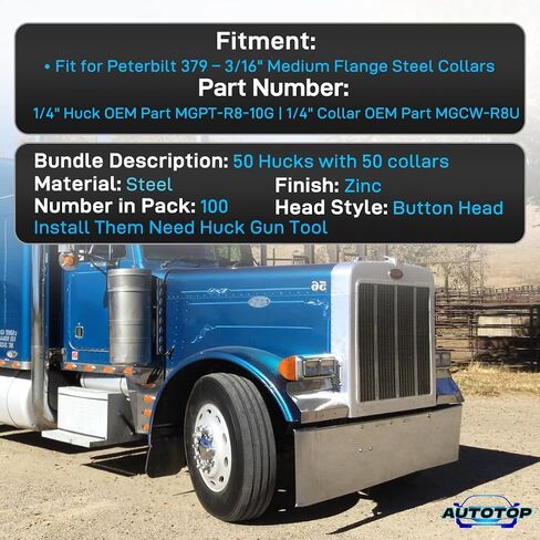 طقم Huck and Collar FIT Peterbilt 379 - 3/16 بوصة أطواق فولاذية متوسطة الحافة، رأس زر - استبدل MGP98T-R6-10G، MGCS-R6U - عبوة من 100 قطعة in Kuwait