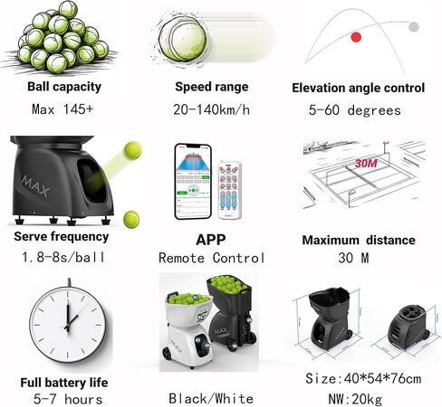 PT-MAX C Tennis & Padel Machine | App Control | Court Training | ABS-metal build, 120+ capacity, remote operation, 35 landing points, 12 tennis and 14 padel modes for mobile and pro players in Kuwait