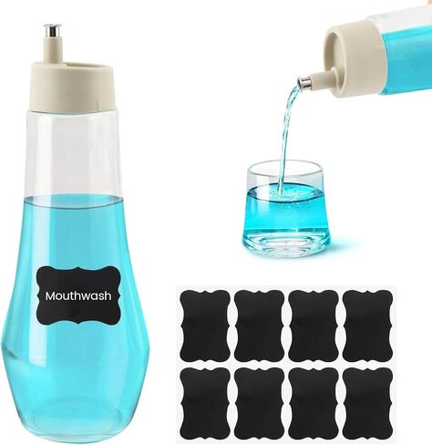 Mouthwash Dispenser for Bathroom, 8.8 oz Refillable Glass Mouth Wash Dispensers with Lid Cup Clear Small Mouthwash Container Bottle Holder for Bathroom & Kitchen Countertop in Kuwait