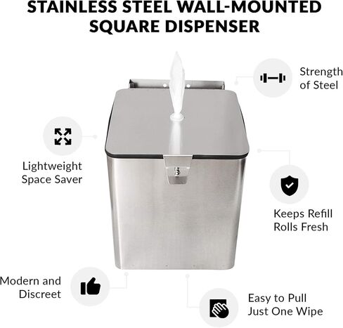 Stainless Steel Wall Mount Wipe Dispenser (Square) - Fits Sanitizing and Disinfecting Wipe Refill Rolls - Perfect for Gyms, Fitness Clubs, Schools, Hotels, Commercial Facilities in Kuwait