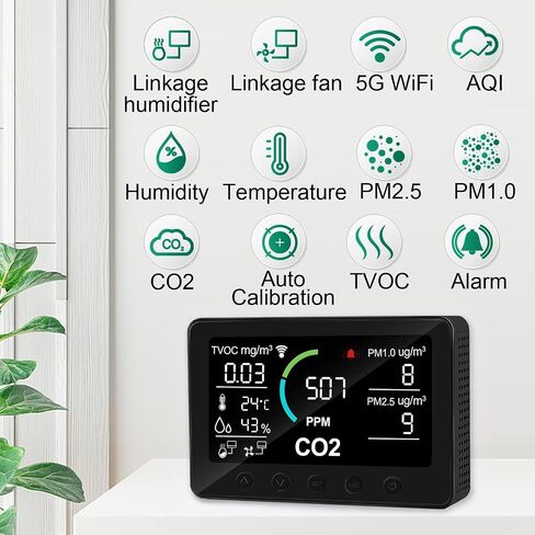 12 in 1 Air Quality Monitor Indoor, with WiFi and APP,Air Quality Tester for Home,Air Quality Meters for CO2,TVOC,PM1.0,PM2.5,AQI,Temperature and Humidity,Detector for Home,Office (Black) in Kuwait