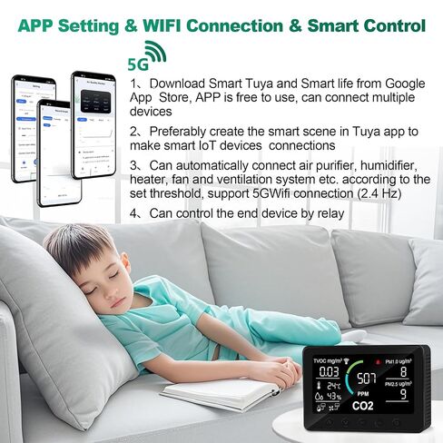 12 in 1 Air Quality Monitor Indoor, with WiFi and APP,Air Quality Tester for Home,Air Quality Meters for CO2,TVOC,PM1.0,PM2.5,AQI,Temperature and Humidity,Detector for Home,Office (Black) in Kuwait