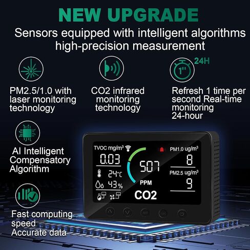 12 in 1 Air Quality Monitor Indoor, with WiFi and APP,Air Quality Tester for Home,Air Quality Meters for CO2,TVOC,PM1.0,PM2.5,AQI,Temperature and Humidity,Detector for Home,Office (Black) in Kuwait