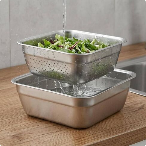 2 Pieces Nesting Basin Set Multifunctional Stainless Steel Basin Space Saving Kitchenware, 28cm in Kuwait