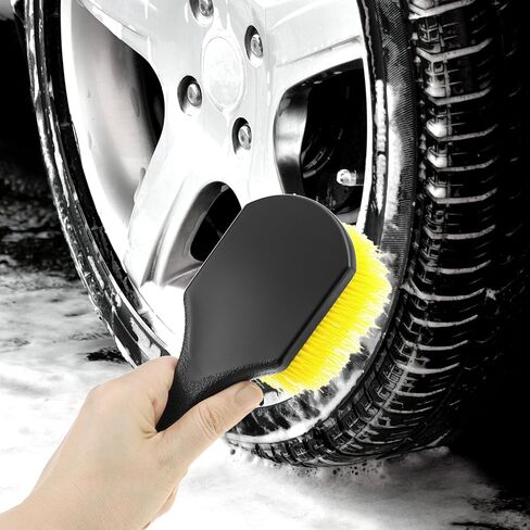 QWORK 8" Utility Scrub Brush with Plastic Handle and Yellow Polypropylene Bristles, 2 Pack Multi-Purpose Cleaning Tool for Wheels and Tires in Kuwait