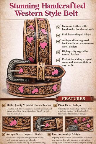 CHALLENGER Girls Kids Child Youth 1-1/4" Wide Western Rodeo Fashion Two-Tone Floral Hearts Tooled Leather Belt 26FK37Kid in Kuwait