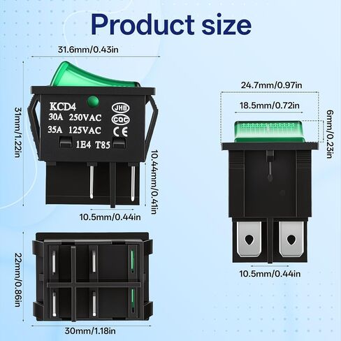 2 حزمة DPST KCD4 الروك التبديل 30A 250V، 4 دبوس 2 موقف تبديل التبديل الأخضر مضاء، 120V ON قبالة الروك مفاتيح الثقيلة T125، الأخضر in Kuwait