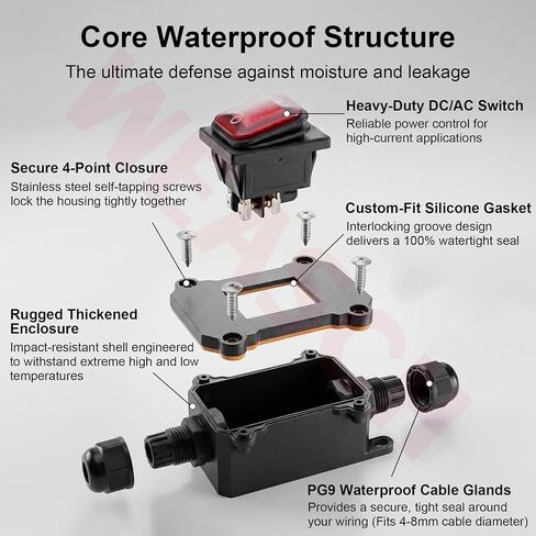 IP66 Waterproof Rocker Switch with Red Indicator Light, Heavy Duty 20A 125V 16A 250V, ON Off DPST 4-Pin, for Automotive Marine Boat Outdoor Equipment in Kuwait