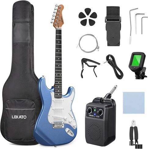LEKATO Electric Guitar Kit Beginner 39 Inch Full Size Solid Body Guitar HSS for Starter Roasted Maple Neck Fretboard Stainless Steel Frets, 5W Mini Amp, Bag, Tuner, Capo, Strap, String, Picks- Black in Kuwait