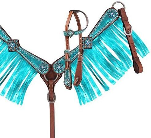 مجموعة Showman Mini Size Headstall وطوق الثدي مع غطاء معدني مخضر وأهداب in Kuwait