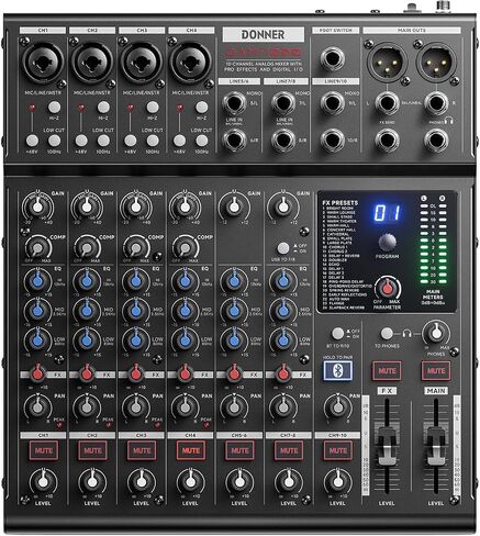 لوحة صوت دونر DAM1000 ذات 10 قنوات تناظرية DJ Audio Mixer، مع 4 ميكروفون LAXY-PRE ممتاز، مضخم طاقة فانتوم 48 فولت، BT 5.3، معدل عينة 48 كيلو هرتز 24 بت in Kuwait