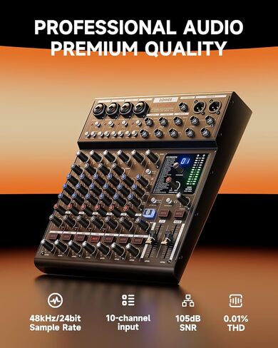 لوحة صوت دونر DAM1000 ذات 10 قنوات تناظرية DJ Audio Mixer، مع 4 ميكروفون LAXY-PRE ممتاز، مضخم طاقة فانتوم 48 فولت، BT 5.3، معدل عينة 48 كيلو هرتز 24 بت in Kuwait