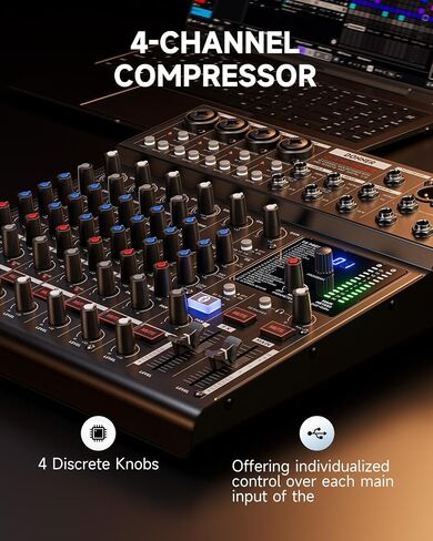 لوحة صوت دونر DAM1000 ذات 10 قنوات تناظرية DJ Audio Mixer، مع 4 ميكروفون LAXY-PRE ممتاز، مضخم طاقة فانتوم 48 فولت، BT 5.3، معدل عينة 48 كيلو هرتز 24 بت in Kuwait