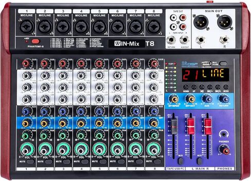 جهاز مزج الصوت W IN-MIX ذو 8 قنوات - بلوتوث/USB، فانتوم 48 فولت، 24 مؤثر DSP للدي جي، البودكاست، البث المباشر، الكاريوكي in Kuwait