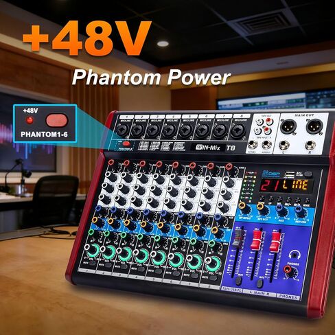 جهاز مزج الصوت W IN-MIX ذو 8 قنوات - بلوتوث/USB، فانتوم 48 فولت، 24 مؤثر DSP للدي جي، البودكاست، البث المباشر، الكاريوكي in Kuwait