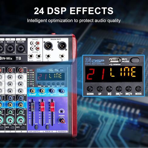 جهاز مزج الصوت W IN-MIX ذو 8 قنوات - بلوتوث/USB، فانتوم 48 فولت، 24 مؤثر DSP للدي جي، البودكاست، البث المباشر، الكاريوكي in Kuwait
