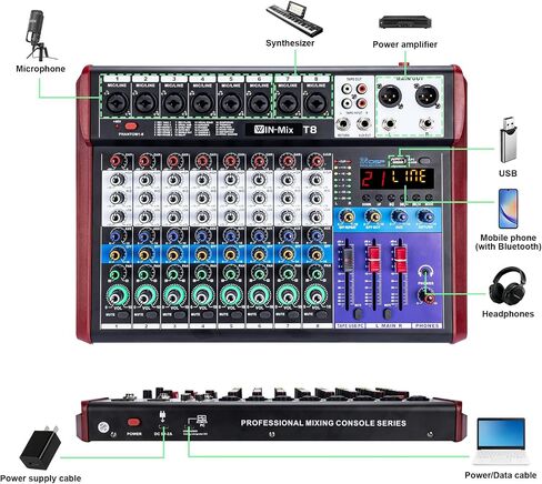 جهاز مزج الصوت W IN-MIX ذو 8 قنوات - بلوتوث/USB، فانتوم 48 فولت، 24 مؤثر DSP للدي جي، البودكاست، البث المباشر، الكاريوكي in Kuwait