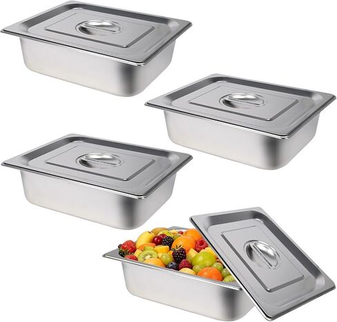 4 Pack Hotel Pans with Lids,1/2 Half Size 4 Inch Deep Stainless Steel Steam Table Pan,Half Pans with Lids Commercial Food Pans for Catering,Buffet, Restaurant,Home Use in Kuwait