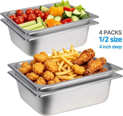 4 Pack Hotel Pans with Lids,1/2 Half Size 4 Inch Deep Stainless Steel Steam Table Pan,Half Pans with Lids Commercial Food Pans for Catering,Buffet, Restaurant,Home Use in Kuwait