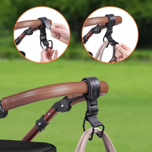 Vigorport Baby Stroller Hooks for Hanging Diaper Bags, Genuine Leather Stroller Organizer Clip for Purse Shopping, Wonderfold Wagon, Snap and Go Stroller Accessories (Normal, Black) in Saudi Arabia