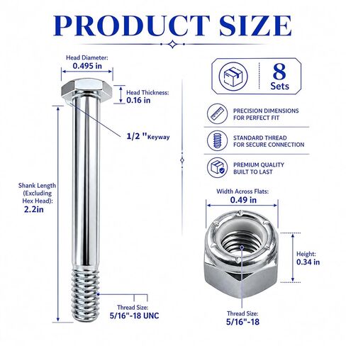 8-Set Caster Wheel Bolts and Nuts,5/16"-18x2-1/5,Carbon Steel Galvanized, hex Head Screw with 1/2" Lock Keyway, Replacement Hardware for Handcarts, Dollies and Utility Carts. in Kuwait