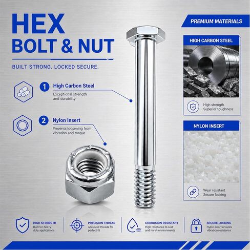 8-Set Caster Wheel Bolts and Nuts,5/16"-18x2-1/5,Carbon Steel Galvanized, hex Head Screw with 1/2" Lock Keyway, Replacement Hardware for Handcarts, Dollies and Utility Carts. in Kuwait