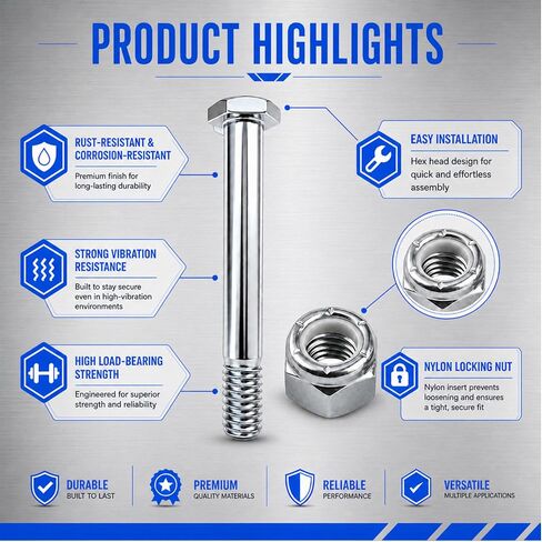 8-Set Caster Wheel Bolts and Nuts,5/16"-18x2-1/5,Carbon Steel Galvanized, hex Head Screw with 1/2" Lock Keyway, Replacement Hardware for Handcarts, Dollies and Utility Carts. in Kuwait