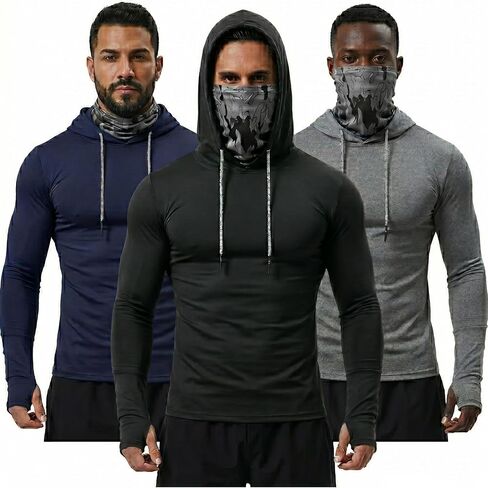 3 Pack Men's Sun Protection Fishing Hoodie with Mask - UPF 50+ Long-Sleeve Outdoor Work Shirts in Saudi Arabia