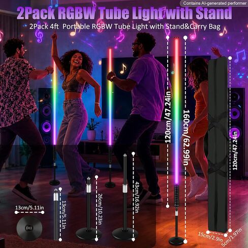 شريط أضواء أنبوب DJ، 2 حزمة 4 أقدام RGBW 4IN1 LED شريط إضاءة أنبوبي مع حامل وحقيبة حمل 5200 مللي أمبير في الساعة تعمل بالبطارية عن بعد والتحكم في التطبيق لحفلات الرقص وحفلات الزفاف وإضاءة التصوير الفوتوغرافي بالفيديو in Kuwait