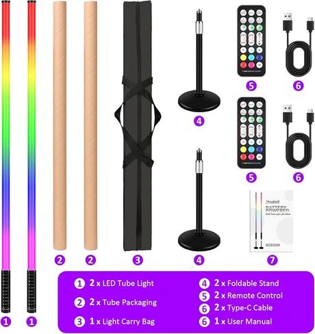 شريط أضواء أنبوب DJ، 2 حزمة 4 أقدام RGBW 4IN1 LED شريط إضاءة أنبوبي مع حامل وحقيبة حمل 5200 مللي أمبير في الساعة تعمل بالبطارية عن بعد والتحكم في التطبيق لحفلات الرقص وحفلات الزفاف وإضاءة التصوير الفوتوغرافي بالفيديو in Kuwait