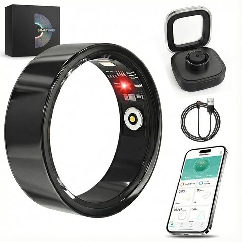 جهاز تعقب اللياقة البدنية Luxelle Smart Ring مع مراقب النوم، معدل ضربات القلب، أكسجين الدم، ضغط الدم، عداد الخطوات، 128 وضعًا رياضيًا، IP68 مقاوم للماء، شحن مغناطيسي، متوافق مع iOS وAndroid in Kuwait