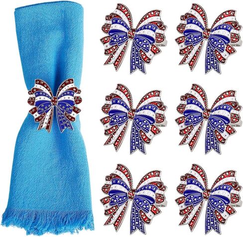 wonlex 250th Patriotic Bow Napkin Rings Set of 6, Alloy Red Blue White Bow Napkin Ring Serviette for Fourth of July, Table Decor, Banquet, Family, Festive Dinning in Saudi Arabia