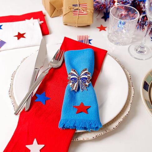 wonlex 250th Patriotic Bow Napkin Rings Set of 6, Alloy Red Blue White Bow Napkin Ring Serviette for Fourth of July, Table Decor, Banquet, Family, Festive Dinning in Saudi Arabia