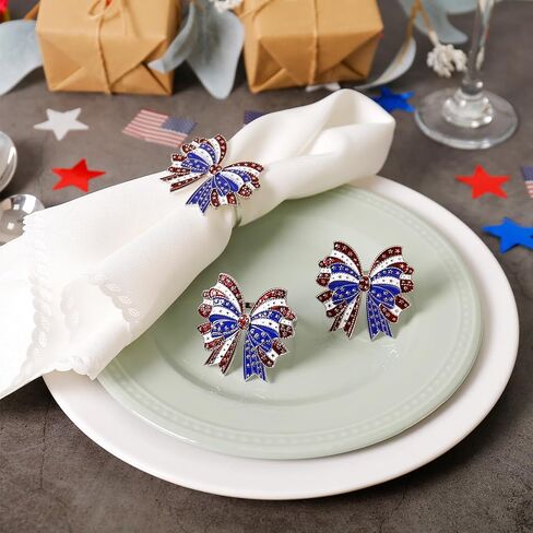 wonlex 250th Patriotic Bow Napkin Rings Set of 6, Alloy Red Blue White Bow Napkin Ring Serviette for Fourth of July, Table Decor, Banquet, Family, Festive Dinning in Saudi Arabia