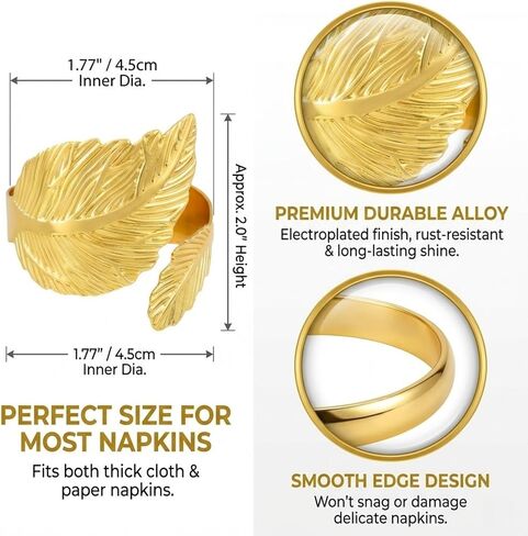 Gold Napkin Rings Set of 10 - Elegant Leaf Design Metal Napkin Holders for Cloth Napkins, Wedding Reception, Thanksgiving, Christmas & Fall Table Decor in Kuwait