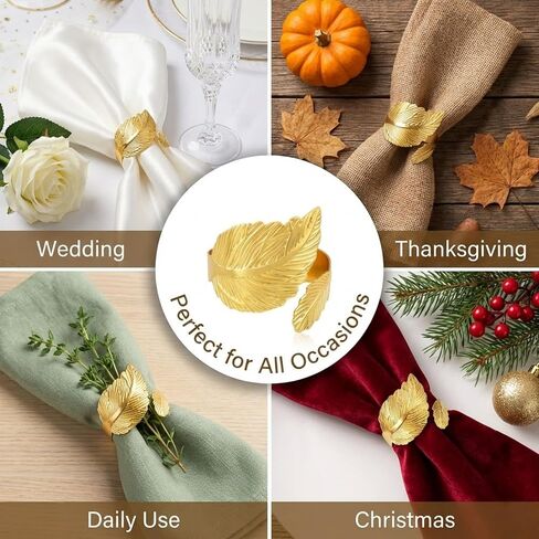 Gold Napkin Rings Set of 10 - Elegant Leaf Design Metal Napkin Holders for Cloth Napkins, Wedding Reception, Thanksgiving, Christmas & Fall Table Decor in Kuwait