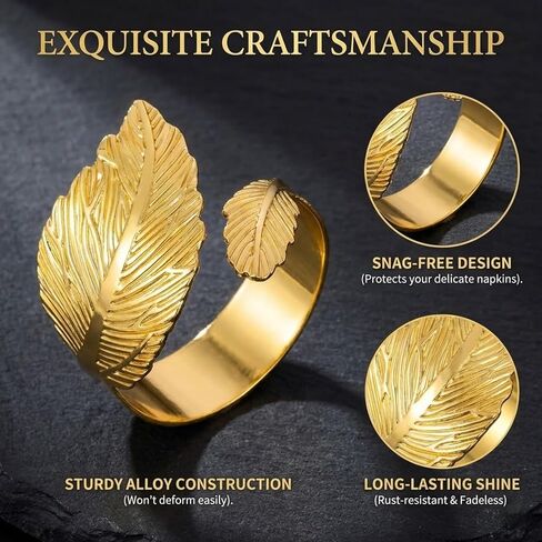 Gold Napkin Rings Set of 10 - Elegant Leaf Design Metal Napkin Holders for Cloth Napkins, Wedding Reception, Thanksgiving, Christmas & Fall Table Decor in Kuwait